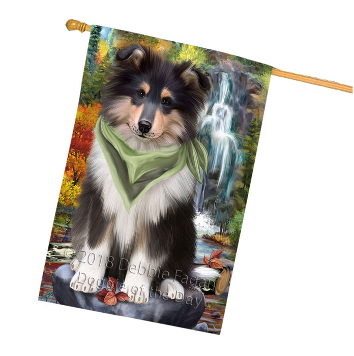 Scenic Waterfall Rough Collie Dog House Flag FLG55007