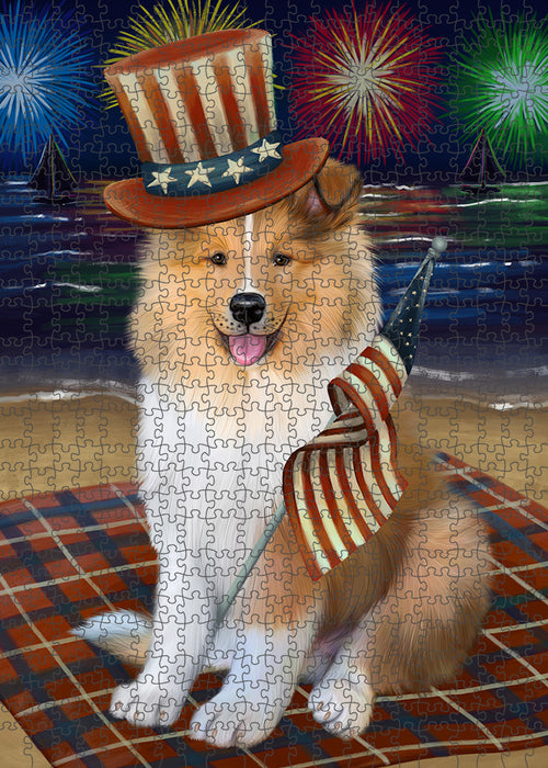 4th of July Independence Day Firework Rough Collie Dog Puzzle with Photo Tin PUZL96100