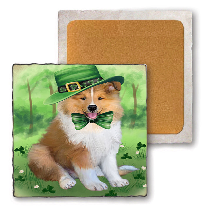 St. Patricks Day Irish Portrait Rough Collie Dog Set of 4 Natural Stone Marble Tile Coasters MCST52033