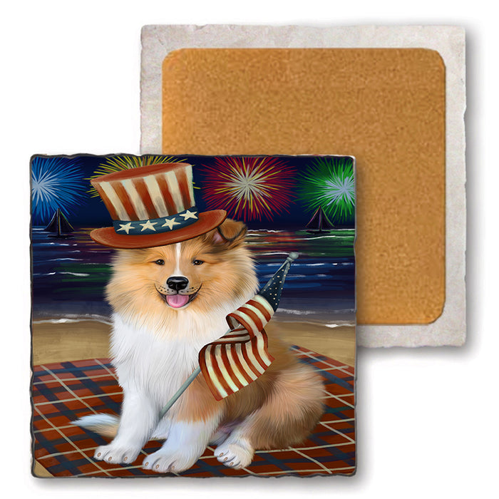4th of July Independence Day Firework Rough Collie Dog Set of 4 Natural Stone Marble Tile Coasters MCST51847