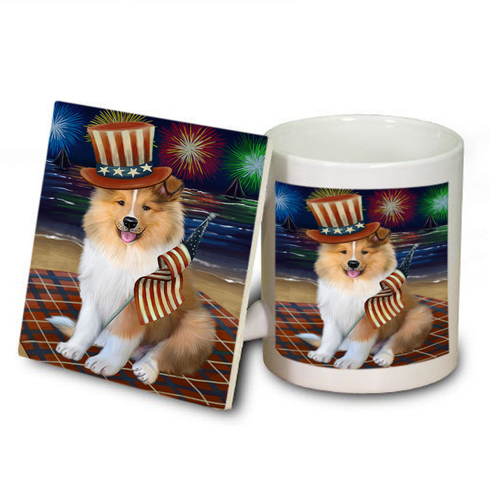4th of July Independence Day Firework Rough Collie Dog Mug and Coaster Set MUC56839