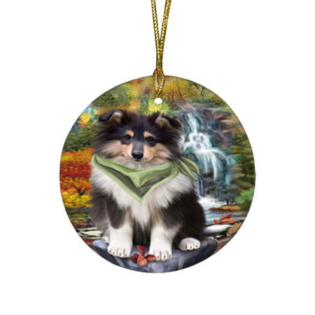 Scenic Waterfall Rough Collie Dog Round Flat Christmas Ornament RFPOR54800
