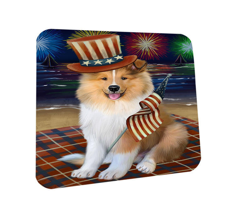 4th of July Independence Day Firework Rough Collie Dog Coasters Set of 4 CST56805