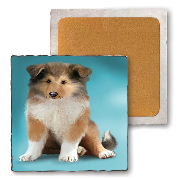 Rough Collie Dog Set of 4 Natural Stone Marble Tile Coasters MCST49628