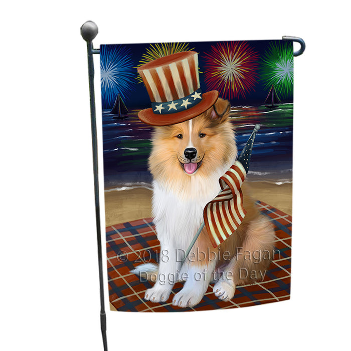 4th of July Independence Day Firework Rough Collie Dog Garden Flag GFLG57603