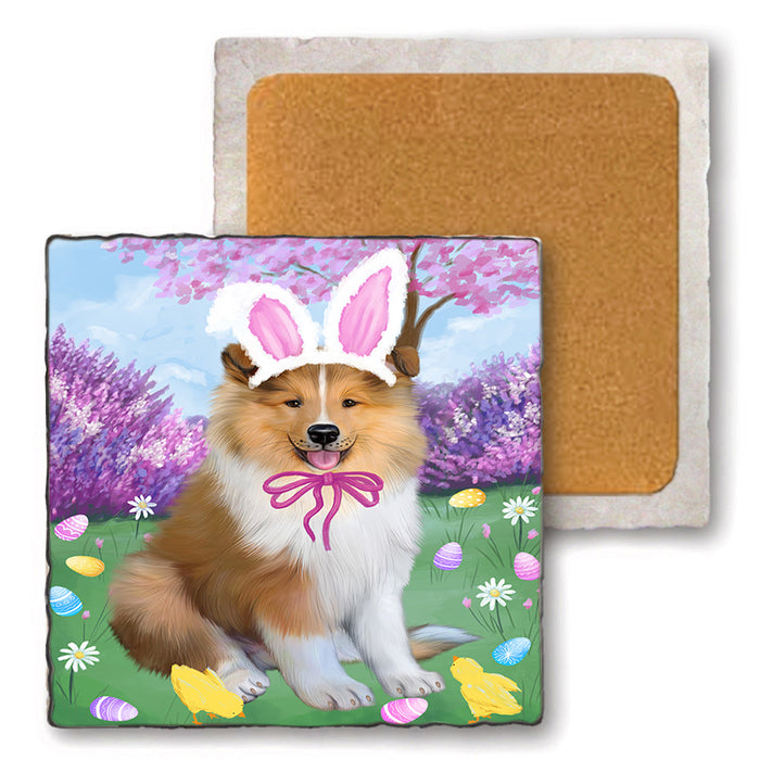 Easter Holiday Rough Collie Dog Set of 4 Natural Stone Marble Tile Coasters MCST51929