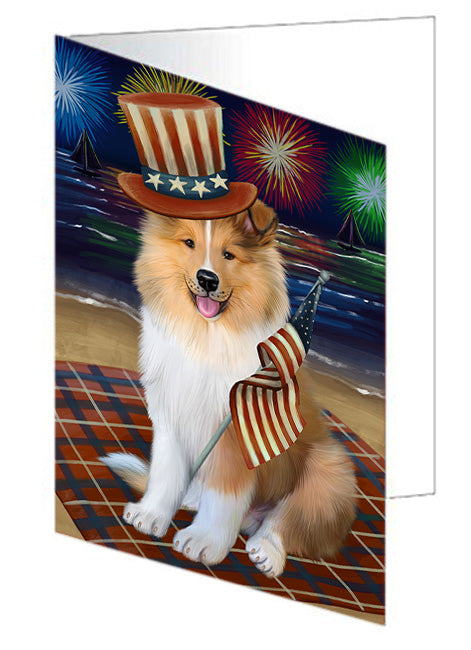 4th of July Independence Day Firework Rough Collie Dog Handmade Artwork Assorted Pets Greeting Cards and Note Cards with Envelopes for All Occasions and Holiday Seasons GCD76055