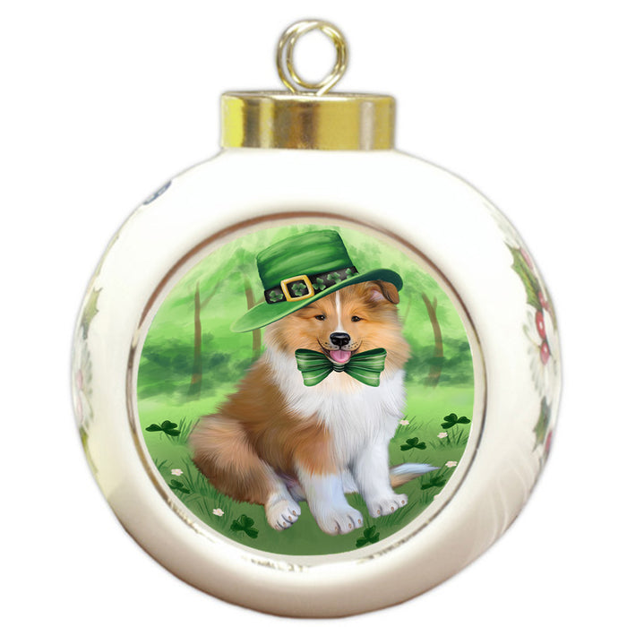 St. Patricks Day Irish Portrait Rough Collie Dog Round Ball Christmas Ornament RBPOR58160