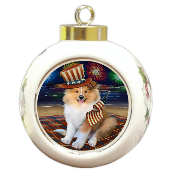 4th of July Independence Day Firework Rough Collie Dog Round Ball Christmas Ornament RBPOR57248