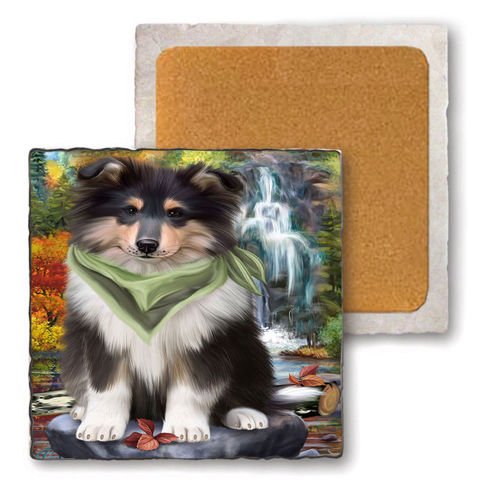 Scenic Waterfall Rough Collie Dog Set of 4 Natural Stone Marble Tile Coasters MCST49681