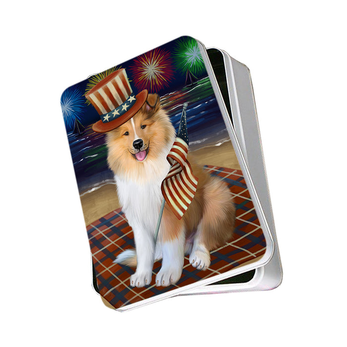 4th of July Independence Day Firework Rough Collie Dog Photo Storage Tin PITN56790