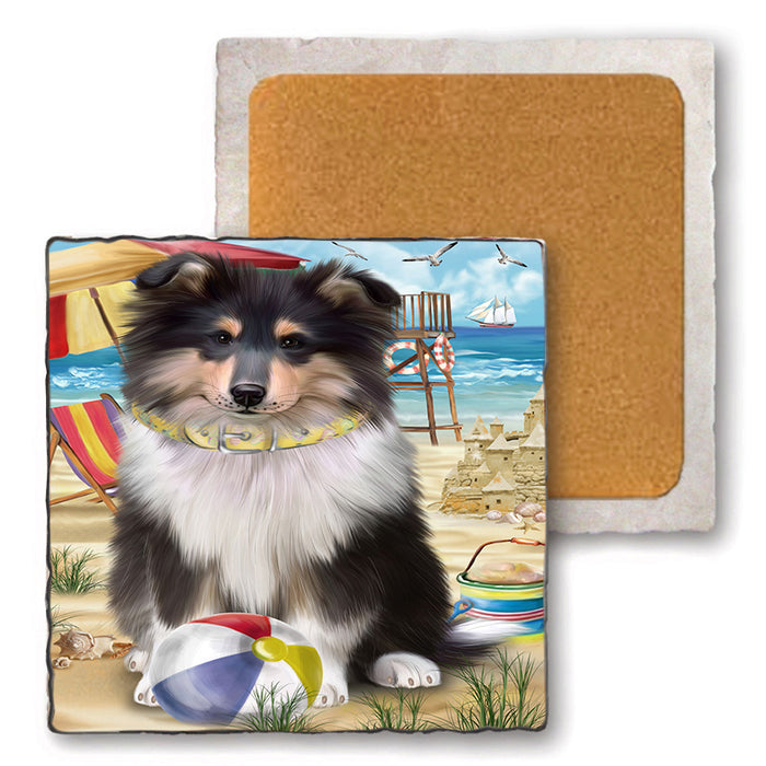 Pet Friendly Beach Rough Collie Dog Set of 4 Natural Stone Marble Tile Coasters MCST49184