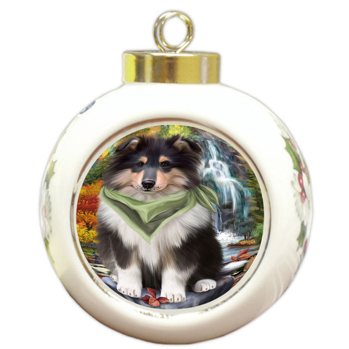 Scenic Waterfall Rough Collie Dog Round Ball Christmas Ornament RBPOR54809