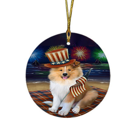 4th of July Independence Day Firework Rough Collie Dog Round Flat Christmas Ornament RFPOR57248
