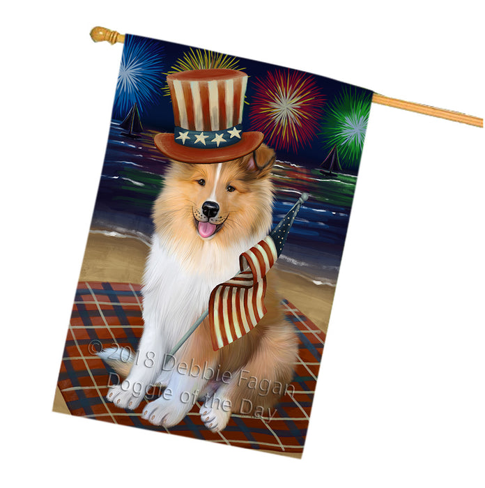 4th of July Independence Day Firework Rough Collie Dog House Flag FLG57652