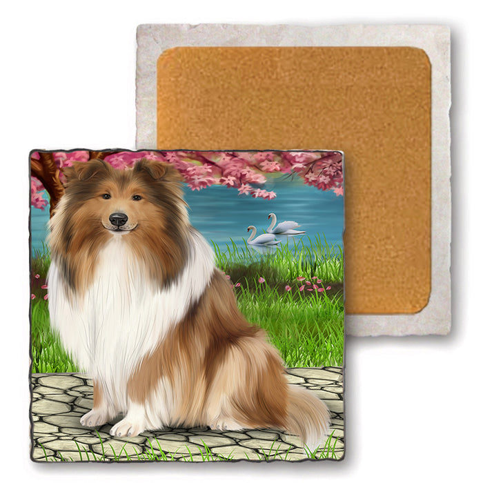 Rough Collie Dog Set of 4 Natural Stone Marble Tile Coasters MCST49629