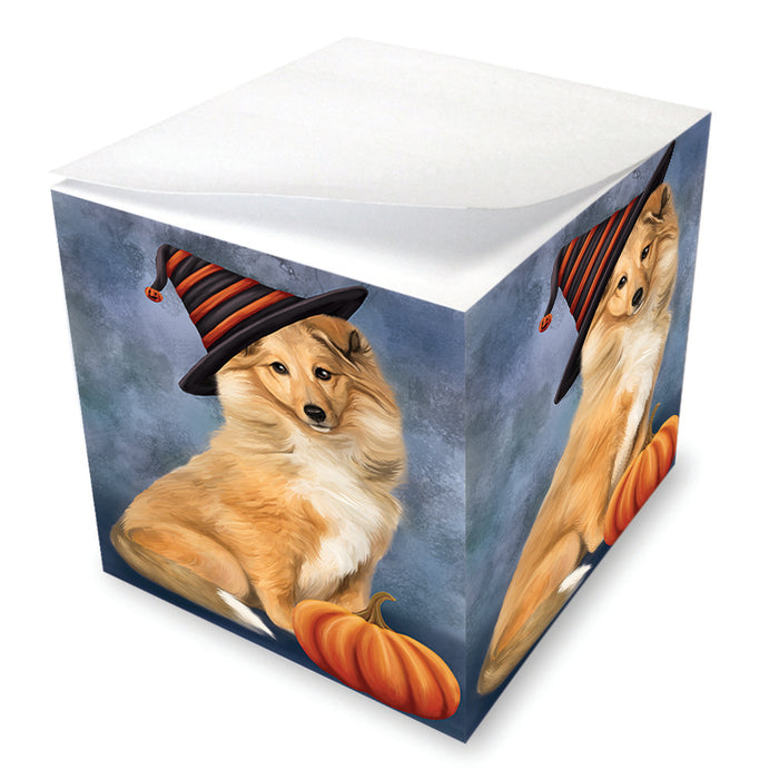Happy Halloween Rough Collie Dog Wearing Witch Hat with Pumpkin Note Cube NOC56555
