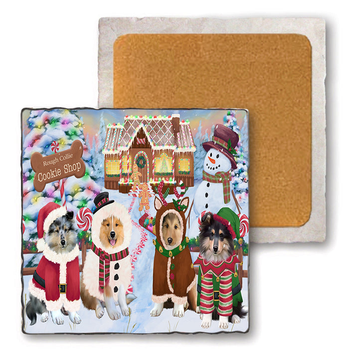 Holiday Gingerbread Cookie Shop Rough Collies Dog Set of 4 Natural Stone Marble Tile Coasters MCST51612