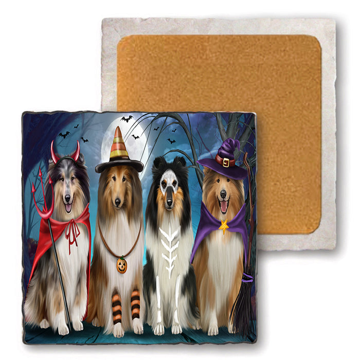 Happy Halloween Trick or Treat Rough Collies Dog Set of 4 Natural Stone Marble Tile Coasters MCST49484
