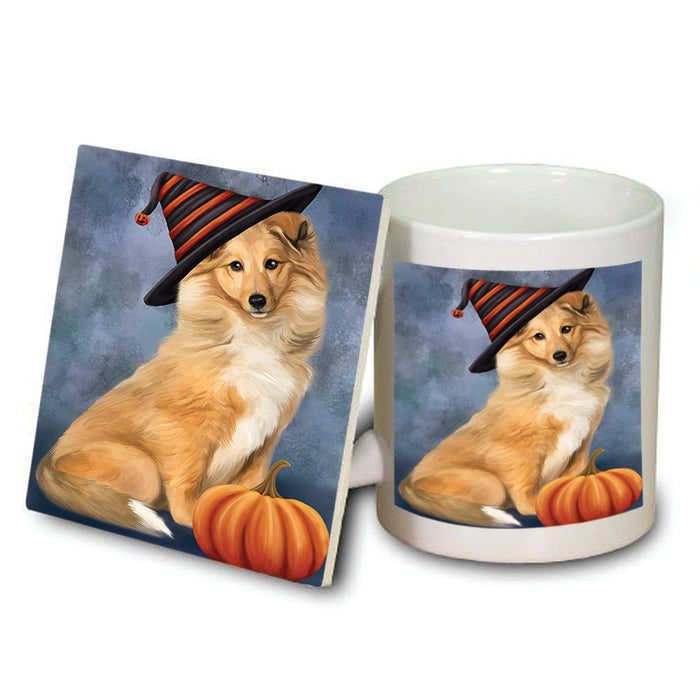 Happy Halloween Rough Collie Dog Wearing Witch Hat with Pumpkin Mug and Coaster Set MUC54901