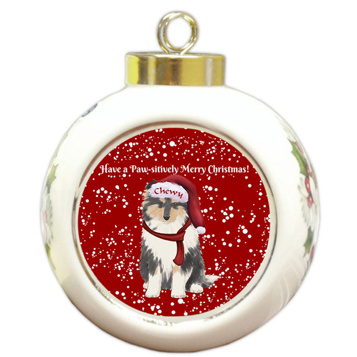 Custom Personalized Pawsitively Rough Collie Dog Merry Christmas Round Ball Ornament
