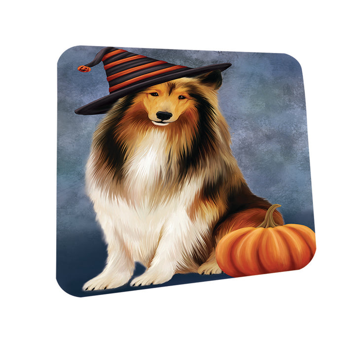 Happy Halloween Rough Collie Dog Wearing Witch Hat with Pumpkin Coasters Set of 4 CST54758