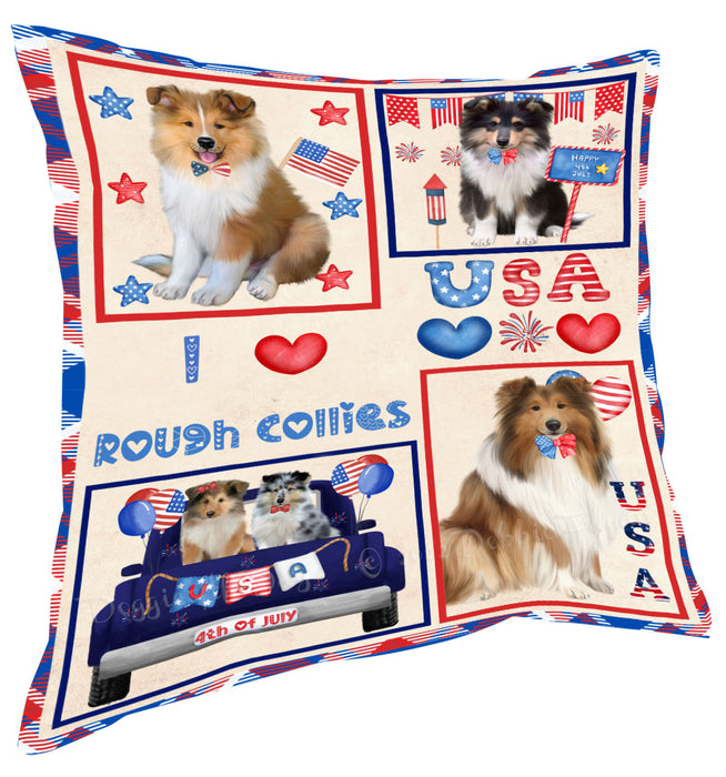 4th of July Independence Day I Love USA Rough Collie Dogs Pillow with Top Quality High-Resolution Images - Ultra Soft Pet Pillows for Sleeping - Reversible & Comfort - Ideal Gift for Dog Lover - Cushion for Sofa Couch Bed - 100% Polyester