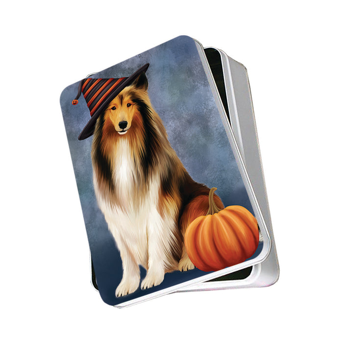 Happy Halloween Rough Collie Dog Wearing Witch Hat with Pumpkin Photo Storage Tin PITN54743