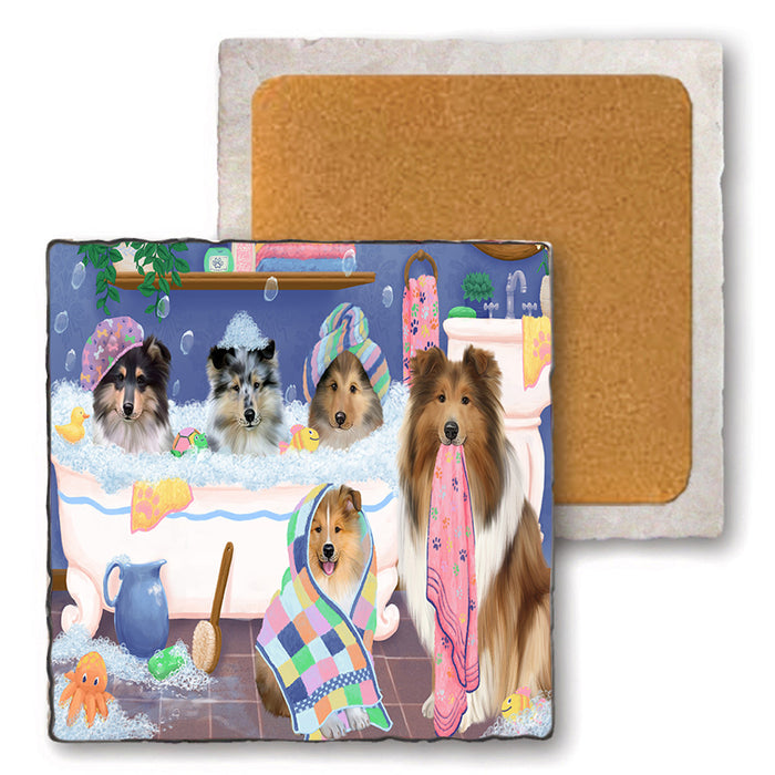 Rub A Dub Dogs In A Tub Rough Collies Dog Set of 4 Natural Stone Marble Tile Coasters MCST51815