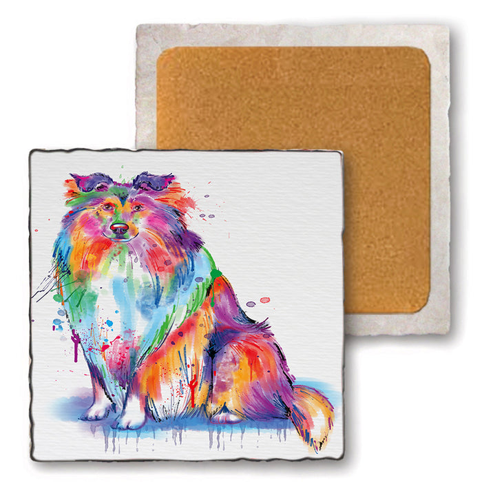 Watercolor Rough Collie Dog Set of 4 Natural Stone Marble Tile Coasters MCST52098