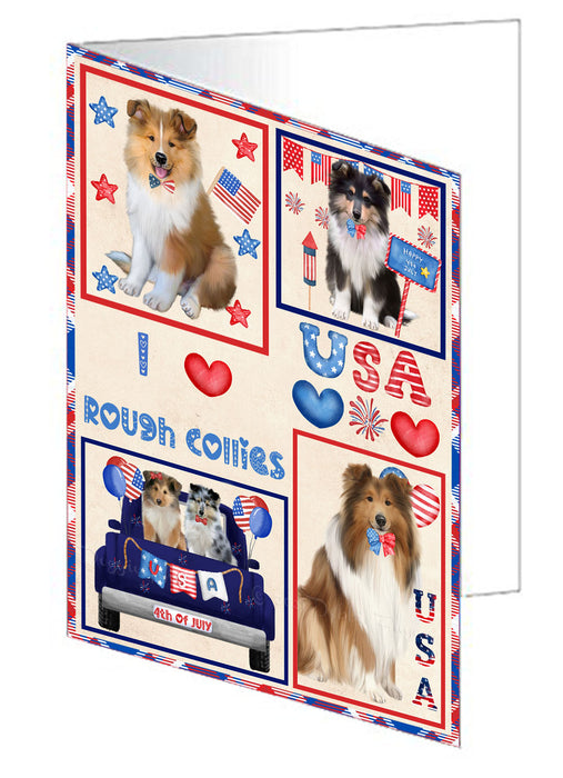 4th of July Independence Day I Love USA Rough Collie Dogs Handmade Artwork Assorted Pets Greeting Cards and Note Cards with Envelopes for All Occasions and Holiday Seasons