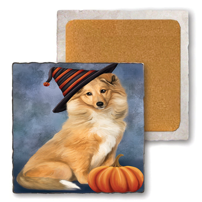 Happy Halloween Rough Collie Dog Wearing Witch Hat with Pumpkin Set of 4 Natural Stone Marble Tile Coasters MCST49909