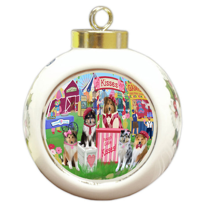 Carnival Kissing Booth Rough Collies Dog Round Ball Christmas Ornament RBPOR56275
