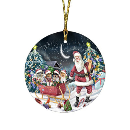 Santa Sled Christmas Happy Holidays Rough Collies Dog Round Flat Christmas Ornament RFPOR54370