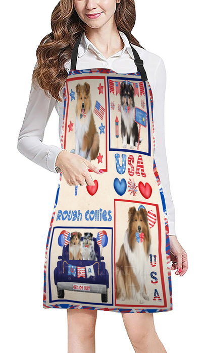 4th of July Independence Day I Love USA Rough Collie Dogs Apron - Adjustable Long Neck Bib for Adults - Waterproof Polyester Fabric With 2 Pockets - Chef Apron for Cooking, Dish Washing, Gardening, and Pet Grooming