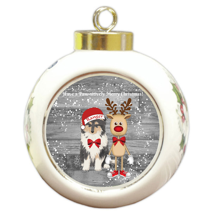 Custom Personalized Rough Collie Dog Reindeer and Pooch Christmas Round Ball Ornament