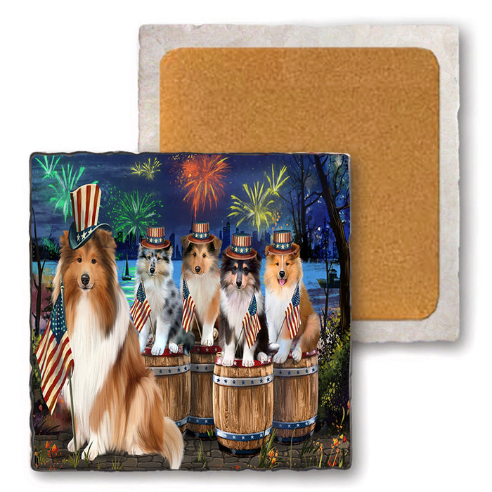 4th of July Independence Day Firework Rough Collies Dog Set of 4 Natural Stone Marble Tile Coasters MCST49113