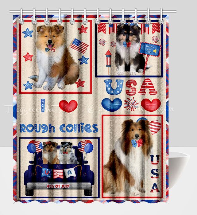 4th of July Independence Day I Love USA Rough Collie Dogs Shower Curtain Pet Painting Bathtub Curtain Waterproof Polyester One-Side Printing Decor Bath Tub Curtain for Bathroom with Hooks
