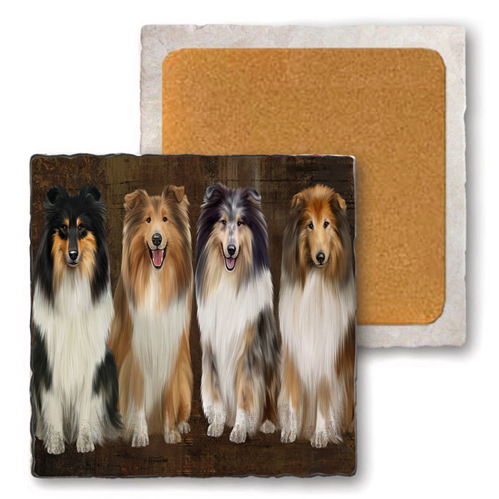 Rustic 4 Rough Collies Dog Set of 4 Natural Stone Marble Tile Coasters MCST49365