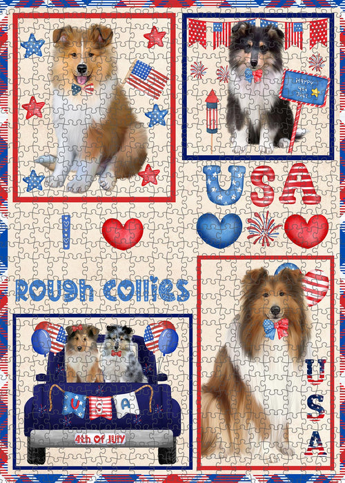 4th of July Independence Day I Love USA Rough Collie Dogs Portrait Jigsaw Puzzle for Adults Animal Interlocking Puzzle Game Unique Gift for Dog Lover's with Metal Tin Box