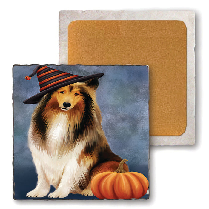 Happy Halloween Rough Collie Dog Wearing Witch Hat with Pumpkin Set of 4 Natural Stone Marble Tile Coasters MCST49800