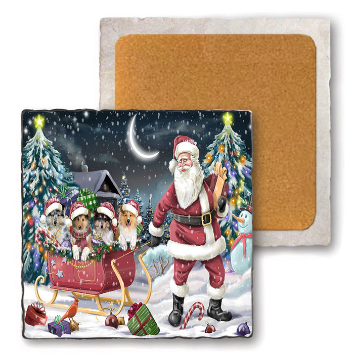 Santa Sled Christmas Happy Holidays Rough Collies Dog Set of 4 Natural Stone Marble Tile Coasters MCST49379