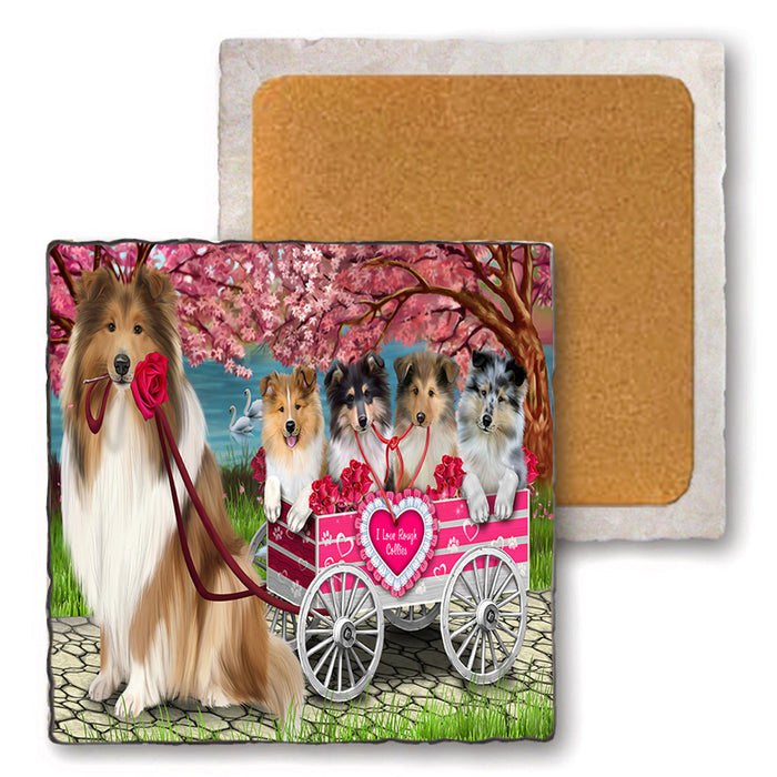 I Love Rough Collies Dog in a Cart Set of 4 Natural Stone Marble Tile Coasters MCST49211