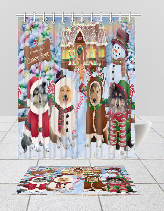 Holiday Gingerbread Cookie Rough Collie Dogs  Bath Mat and Shower Curtain Combo