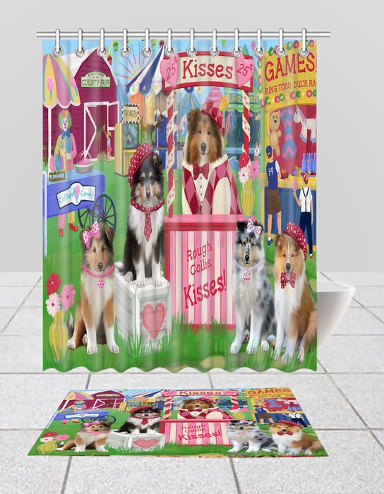 Carnival Kissing Booth Rough Collie Dogs  Bath Mat and Shower Curtain Combo