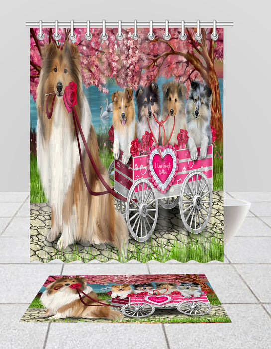 I Love Rough Collie Dogs in a Cart Bath Mat and Shower Curtain Combo