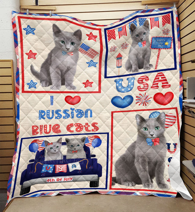 4th of July Independence Day I Love USA Russian Blue Cats Quilt Bed Coverlet Bedspread - Pets Comforter Unique One-side Animal Printing - Soft Lightweight Durable Washable Polyester Quilt