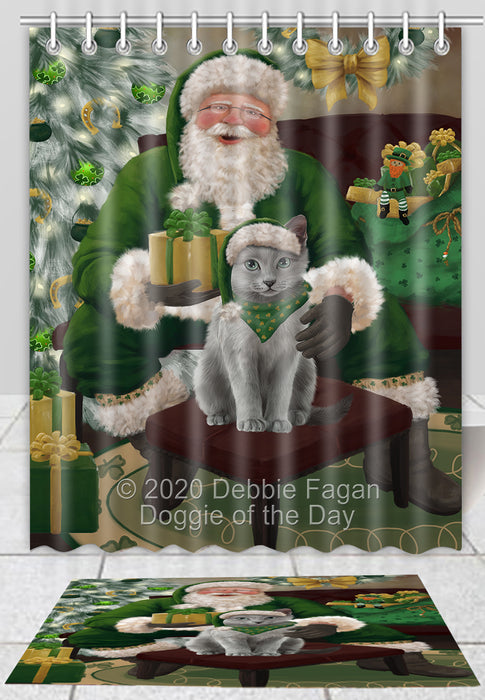 Christmas Irish Santa with Gift Russian Blue Cat Bath Mat and Shower Curtain Combo