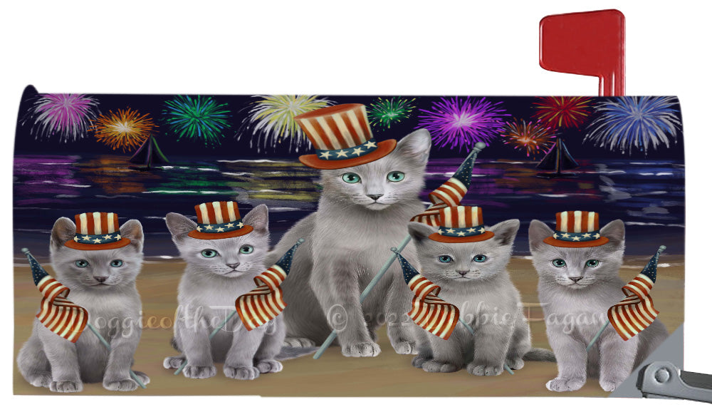 4th of July Independence Day Russian Blue Cats Magnetic Mailbox Cover Both Sides Pet Theme Printed Decorative Letter Box Wrap Case Postbox Thick Magnetic Vinyl Material
