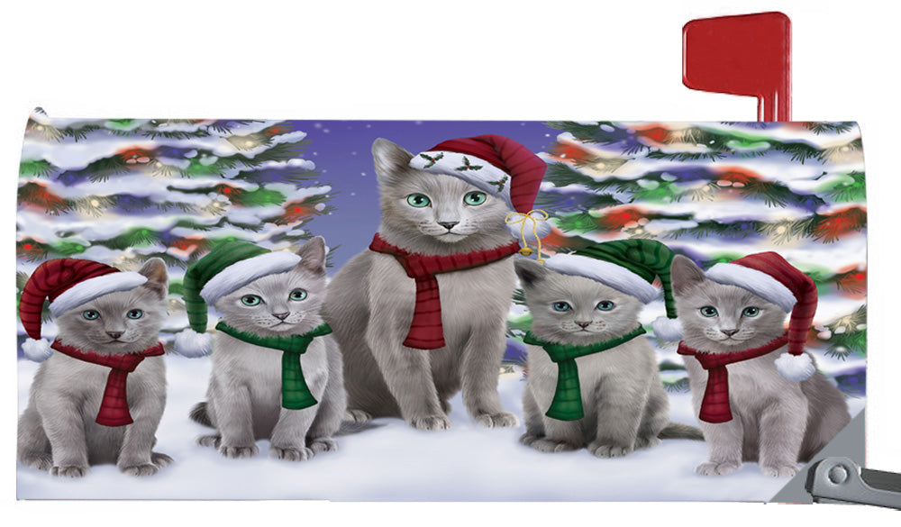 Magnetic Mailbox Cover Russian Blue Cats Christmas Family Portrait in Holiday Scenic Background MBC48248